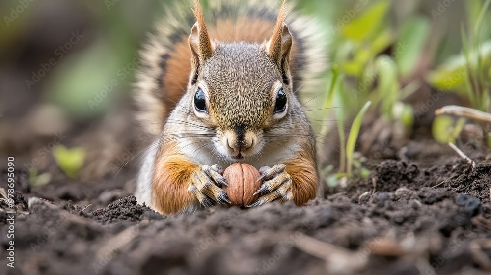 A squirrel hiding a nut in the ground, with a focus on its tiny paws and focused expression. A squirrel hiding a nut in the ground, with a focus on its tiny paws and focused expression.