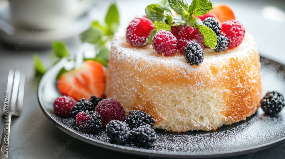 Delicious cake topped with fresh berries and mint leaves, perfect for desserts or special occasions. Delicious cake topped with fresh berries and mint leaves, perfect for desserts or special occasions.