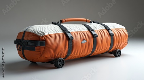 An orange and white wheeled duffel bag designed for travel. photo