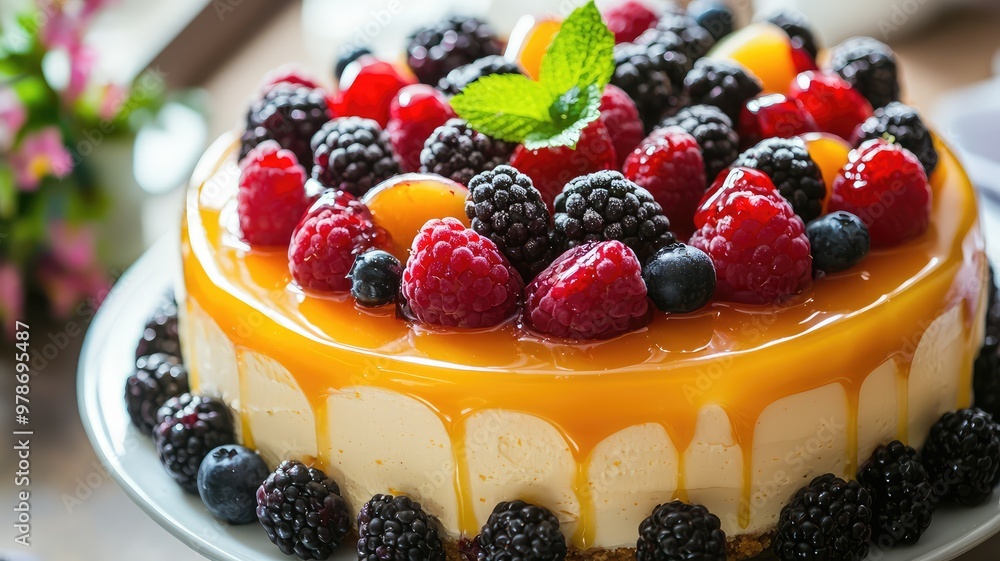 Delicious cheesecake topped with fresh berries and mint garnishing, perfect for dessert lovers and festive celebrations. Delicious cheesecake topped with fresh berries and mint garnishing, perfect for dessert lovers and festive celebrations.
