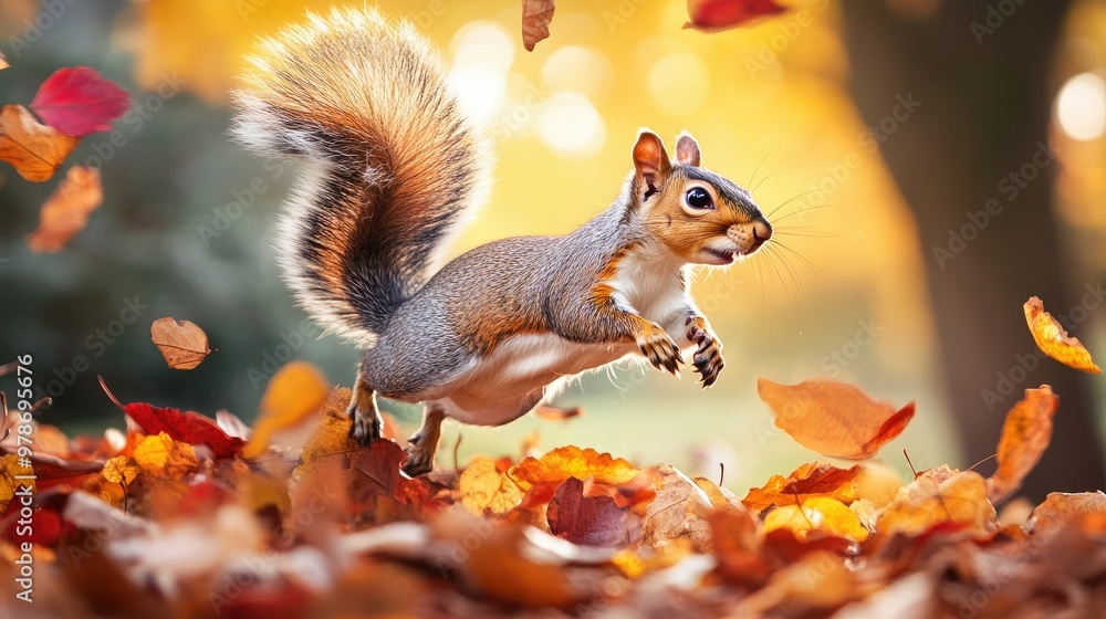 A squirrel jumping through a pile of autumn leaves, with vibrant colors and motion captured. A squirrel jumping through a pile of autumn leaves, with vibrant colors and motion captured.