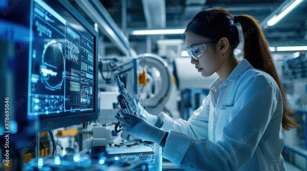 Scene of Asian engineers in a high-tech workspace, integrating new technologies into manufacturing processes, focus on precision and innovation Scene of Asian engineers in a high-tech workspace, integrating new technologies into manufacturing processes, focus on precision and innovation