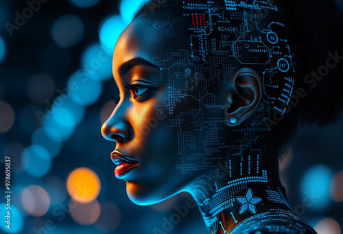 Profile of a woman with African features, with digital code integration merging with her face