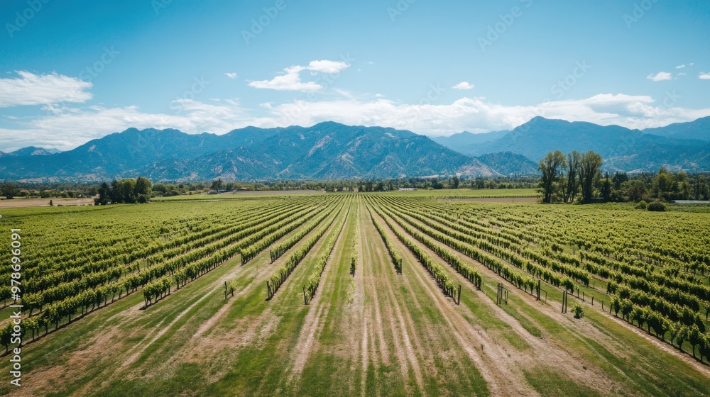 Lush vineyard landscape with rows of grapevines and mountains in the background.