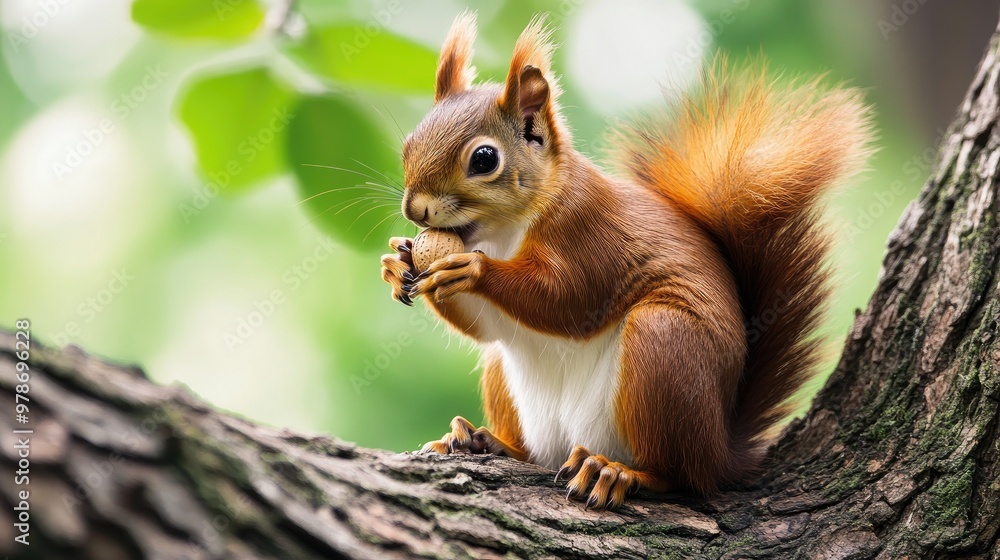 A squirrel sitting on a tree branch, nibbling on a nut, with its bushy tail wrapped around.
