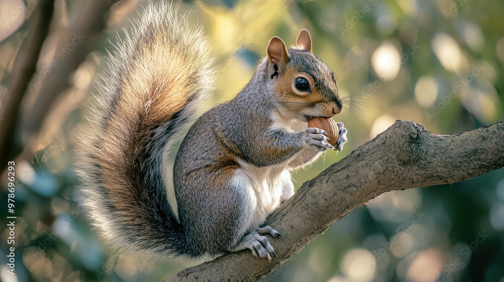 A squirrel sitting on a tree branch, nibbling on a nut, with its bushy tail wrapped around. A squirrel sitting on a tree branch, nibbling on a nut, with its bushy tail wrapped around.