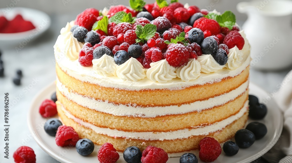 Delicious layered cake topped with fresh raspberries, blueberries, and mint, perfect for celebrations and gatherings. Delicious layered cake topped with fresh raspberries, blueberries, and mint, perfect for celebrations and gatherings.