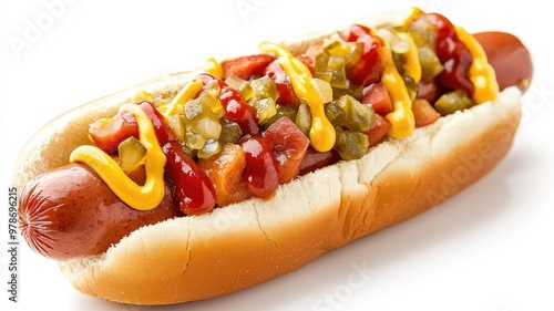 Delicious hot dog topped with mustard, ketchup, pickles, and onions, perfect for summer barbecues and picnics.