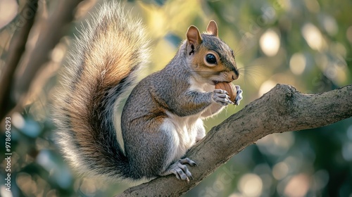 A squirrel sitting on a tree branch, nibbling on a nut, with its bushy tail wrapped around.