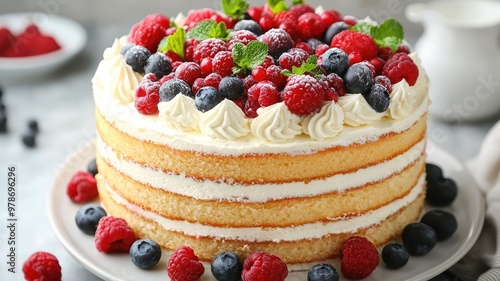 Wallpaper Mural Delicious layered cake topped with fresh raspberries, blueberries, and mint, perfect for celebrations and gatherings. Torontodigital.ca