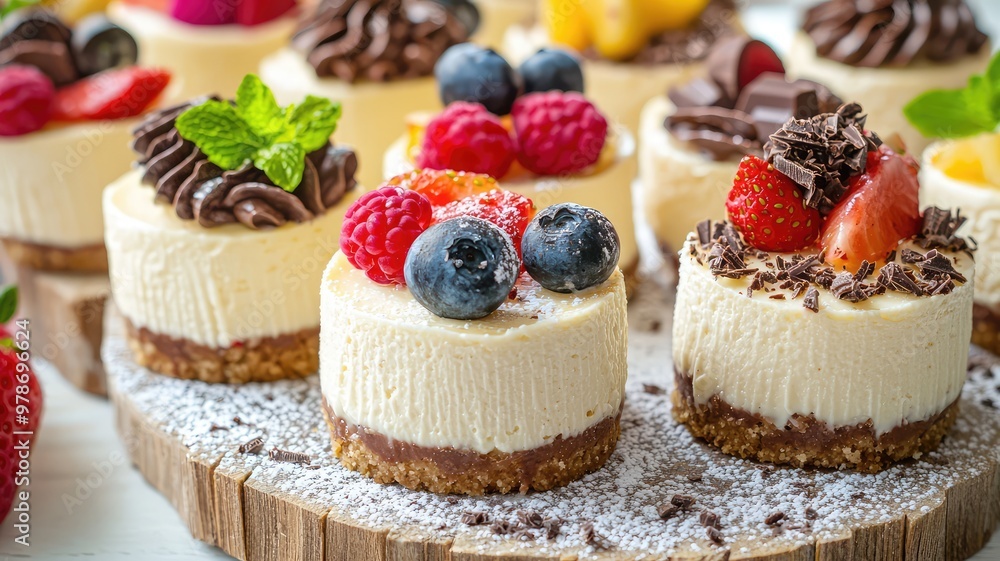 Delicious mini cheesecake desserts topped with fresh fruits and chocolate, perfect for any celebration or catering event. Delicious mini cheesecake desserts topped with fresh fruits and chocolate, perfect for any celebration or catering event.