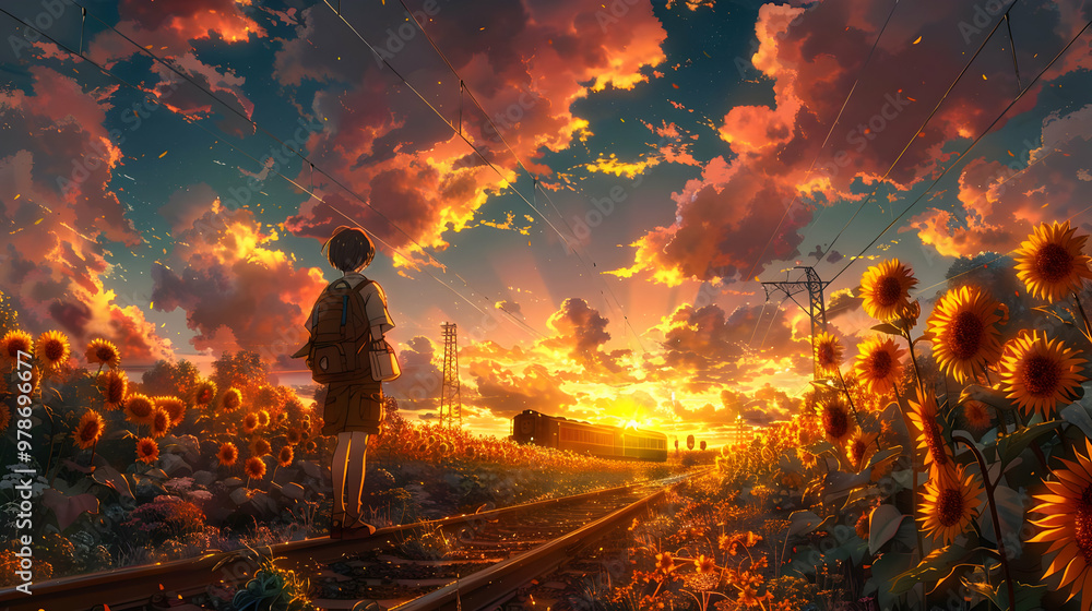 Fototapeta premium Sunset Train Journey Illustration