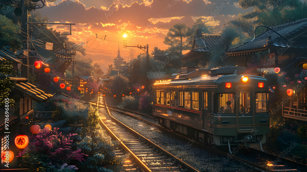 Train Tracks Through a Japanese Village Illustration Train Tracks Through a Japanese Village Illustration