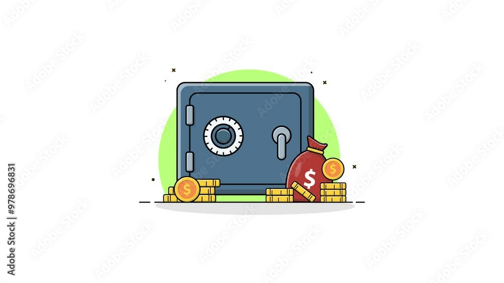 4k Safe Box with Money Bag and Coin Stack. Secure Money Concept Animation Video 4k Safe Box with Money Bag and Coin Stack. Secure Money Concept Animation Video