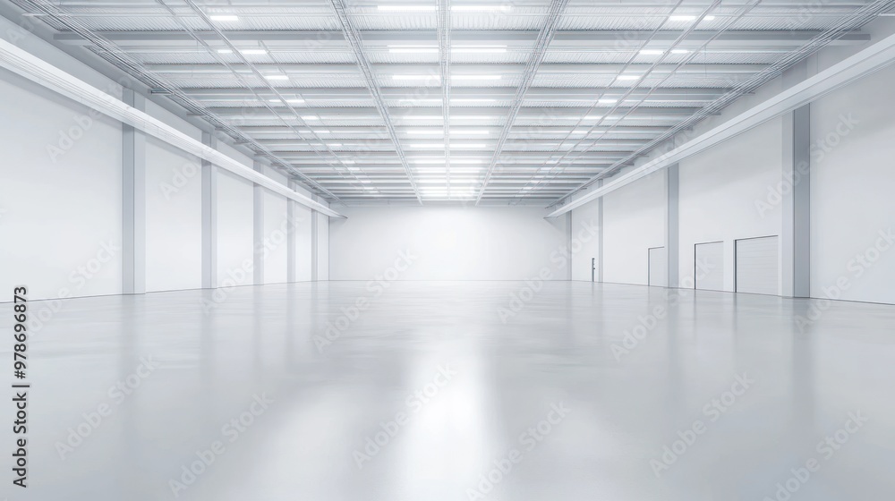 A spacious, empty warehouse with a sleek, modern design and polished concrete floor. A spacious, empty warehouse with a sleek, modern design and polished concrete floor.