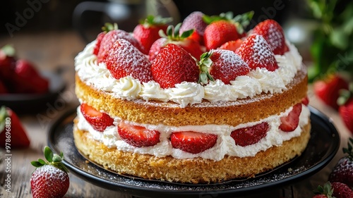 Delicious strawberry cake topped with fresh strawberries and whipped cream, perfect for celebrations and sweet desserts.