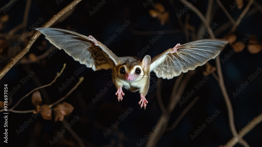 Obraz premium A sugar glider gliding between two branches, with its wings fully extended.