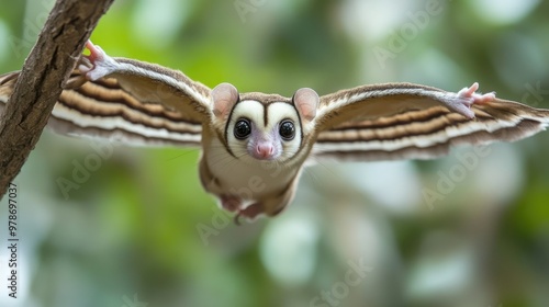 A sugar glider gliding between two branches, with its wings fully extended.