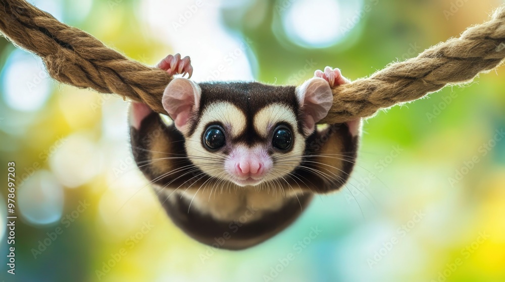 A sugar glider hanging upside down from a perch or toy, showcasing its playful behavior. A sugar glider hanging upside down from a perch or toy, showcasing its playful behavior.