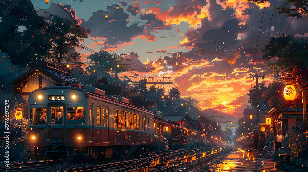 Fototapeta premium Sunset Train Ride Through a Village Illustration