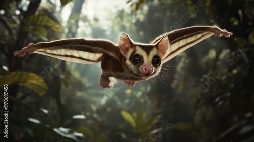 A sugar glider in a natural forest environment, with a focus on its gliding ability.