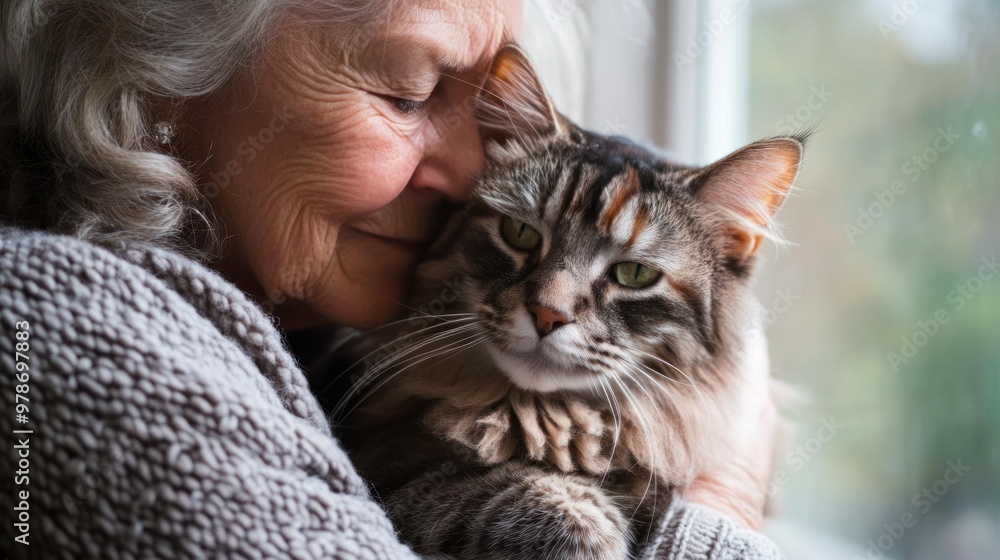 Senior cat with owner, elderly person gently holding a senior cat, both with gentle expressions, soft lighting and a warm home environment Senior cat with owner, elderly person gently holding a senior cat, both with gentle expressions, soft lighting and a warm home environment
