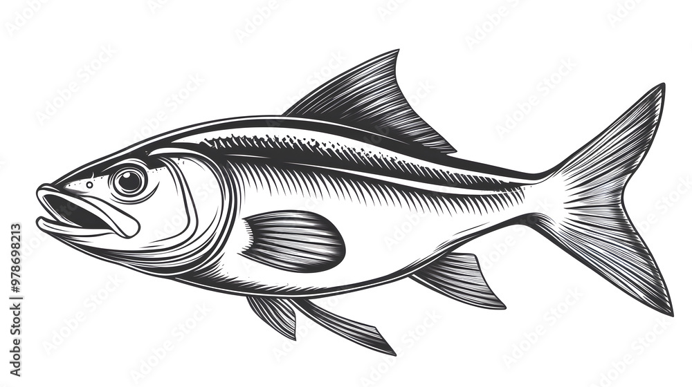 A dynamic vector of a swimming fish, with bold black outlines and a white body, suitable for seafood restaurant logos, banners, or postcards. A dynamic vector of a swimming fish, with bold black outlines and a white body, suitable for seafood restaurant logos, banners, or postcards.