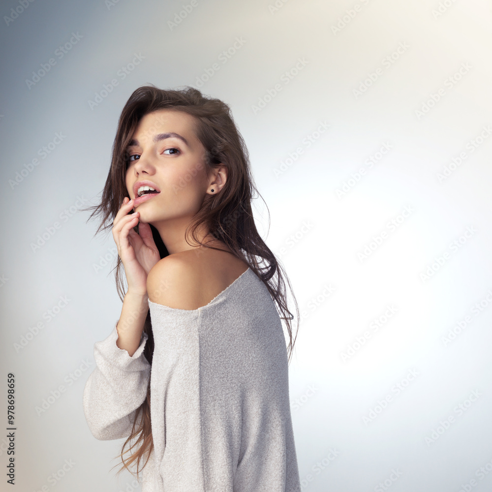 Fashion, portrait and girl in studio, smile and stylish in mockup, proud and clothes for stylist. Trendy, model and woman with hairstyle, retail and aesthetic of person, space and confident in USA Fashion, portrait and girl in studio, smile and stylish in mockup, proud and clothes for stylist. Trendy, model and woman with hairstyle, retail and aesthetic of person, space and confident in USA