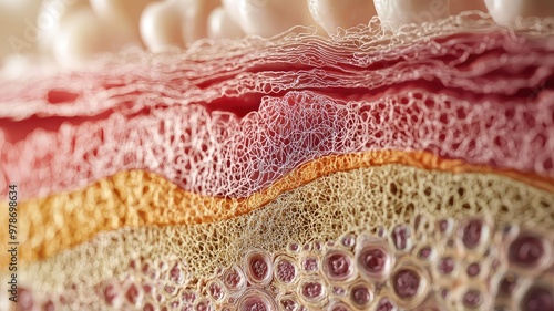 Detailed microscopic view of skin layers revealing texture and structure. Ideal for educational and medical purposes. photo