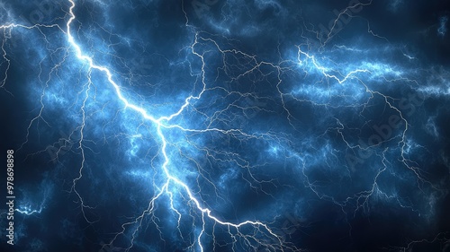 Dramatic blue lightning striking across a dark stormy sky, showcasing the power and intensity of nature's electric energy.