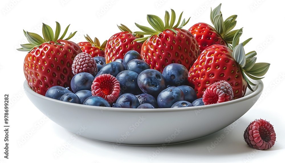 bowl of mixed berries including strawberries blueberries and raspberries isolated on a clean background bowl of mixed berries including strawberries blueberries and raspberries isolated on a clean background