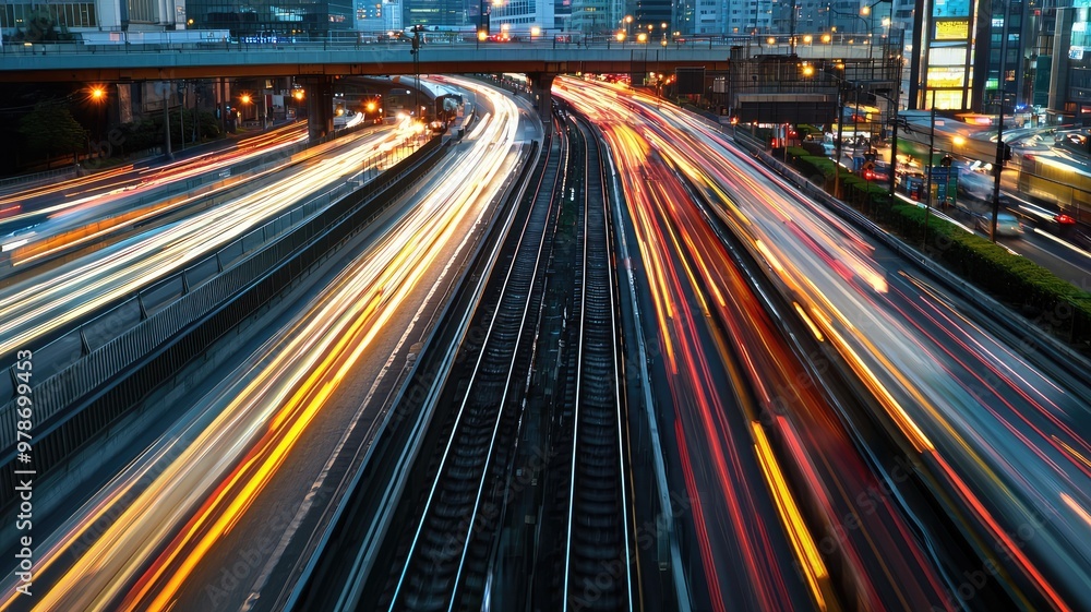 Dynamic city traffic captured with vibrant light trails, showcasing the fast-paced rhythm of urban life at dusk. Dynamic city traffic captured with vibrant light trails, showcasing the fast-paced rhythm of urban life at dusk.