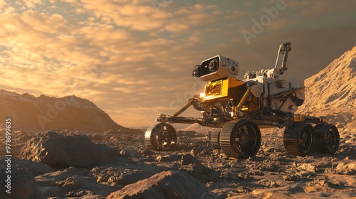 Space exploration robotics working on the surface of a distant planet, analyzing rock samples with high precision, advanced technology in action