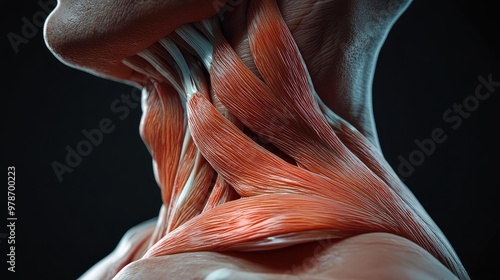 Detailed close-up of anatomical muscle structure in the neck, showcasing realistic textures and colors for educational or artistic use.