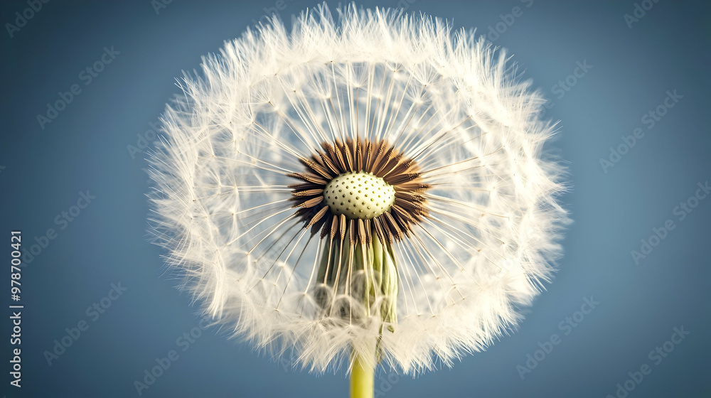 Fototapeta premium Close-up of a Dandelion with White Seeds in a Blue Background, Photography Image of Nature and its Beauty