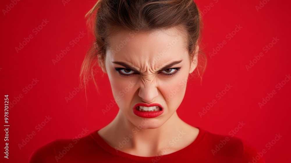 Woman face full of anger isolated on a red background. A Woman Angry Expression