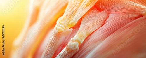 Close-up of muscle tissue, showcasing detailed fibers and structure, emphasizing strength and anatomy in a vibrant setting.
