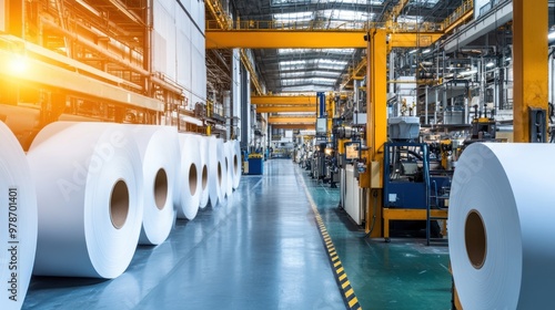 A large industrial facility with rolls of paper and machinery for production.