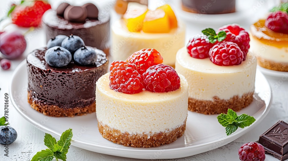 Indulge in a delightful selection of mini cheesecakes, topped with fresh berries and chocolate, perfect for dessert lovers. Indulge in a delightful selection of mini cheesecakes, topped with fresh berries and chocolate, perfect for dessert lovers.