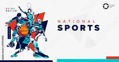 celebration of national sports day with athletes from football, badminton, basketball, weightlifting and base ball. National sports game concept. grunge style athlete silhouette. Healthy exercise