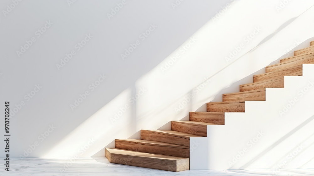 Minimalist interior design featuring a wooden staircase illuminated by natural light against a plain wall. Minimalist interior design featuring a wooden staircase illuminated by natural light against a plain wall.