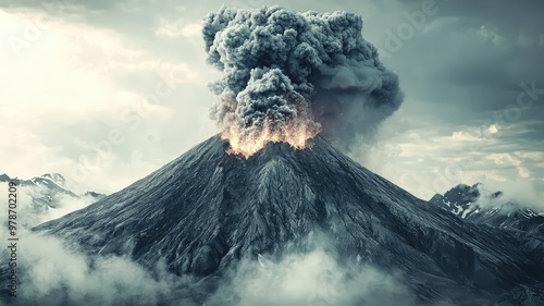 Majestic volcano erupts dramatically, sending ash clouds into the sky, surrounded by rugged mountains and a mysterious atmosphere.