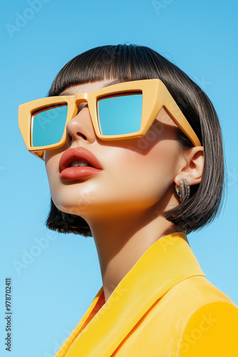 High-fashion portraits featuring women wearing oversized, futuristic sunglasses in vibrant colors and sleek styling, set against bold backgrounds.