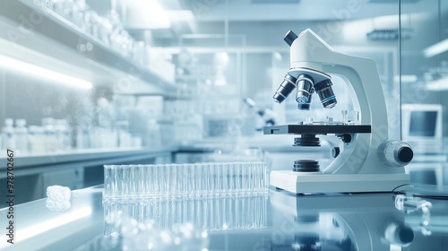 A modern laboratory with a microscope and test tubes, emphasizing scientific research.