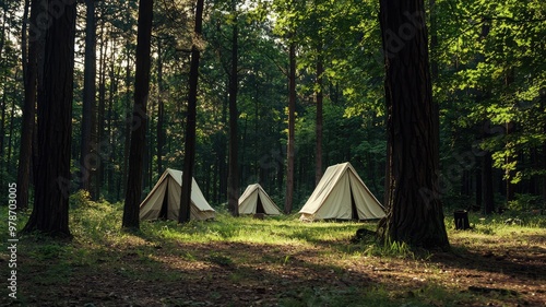 Peaceful campsite in a forest, showcasing tents surrounded by tall trees and a serene natural environment.