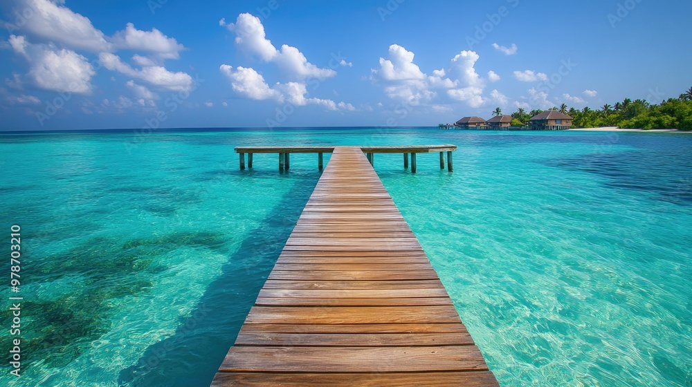 A wooden jetty extending over a crystal-clear lagoon in the Maldives, with overwater villas in the distance. A wooden jetty extending over a crystal-clear lagoon in the Maldives, with overwater villas in the distance.