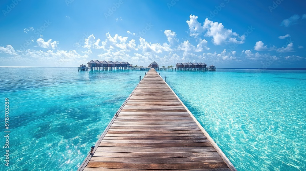 A wooden jetty extending over a crystal-clear lagoon in the Maldives, with overwater villas in the distance. A wooden jetty extending over a crystal-clear lagoon in the Maldives, with overwater villas in the distance.