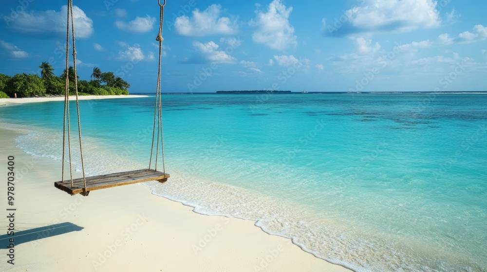 A wooden swing hanging over the beach in the Maldives, overlooking the turquoise sea. A wooden swing hanging over the beach in the Maldives, overlooking the turquoise sea.