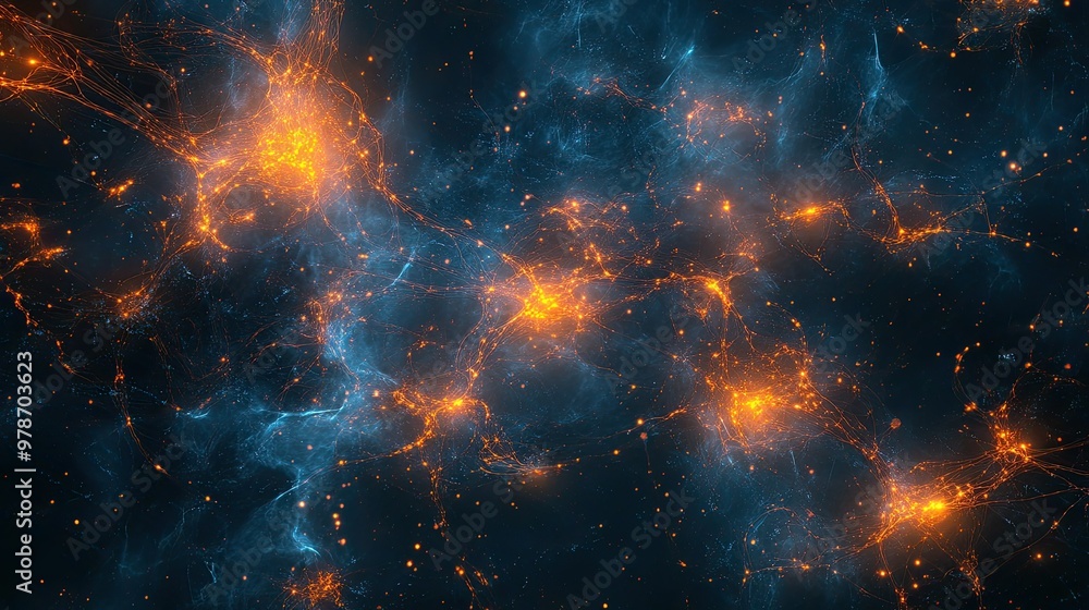 Abstract art of neural pathways glowing in a dark space, symbolizing brain activity and connectivity. Abstract art of neural pathways glowing in a dark space, symbolizing brain activity and connectivity.