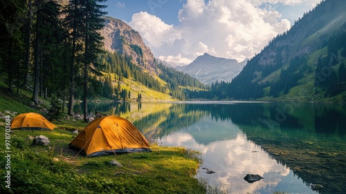 Scenic lake view with yellow tents, surrounded by green trees and majestic mountains under a partly cloudy sky.